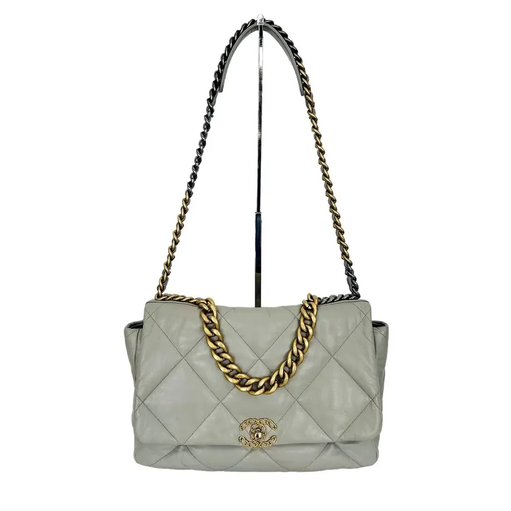 Chanel 19 Goatskin Quilted Medium Flap Purse Grey Tri-Color Chain Full Set & Box